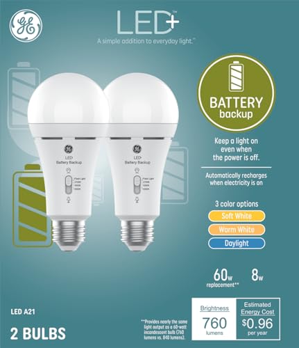 GE Backup Battery LED Light Bulbs A21 Soft White 2 Pack for Power Outages and Emergency Lighting