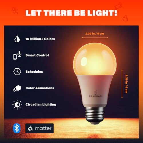 Caveman Matter & WiFi A19 Smart LED Light Bulb - RGBW Color Changing, Tunable Warm & Cool White 800LM for Alexa, Google