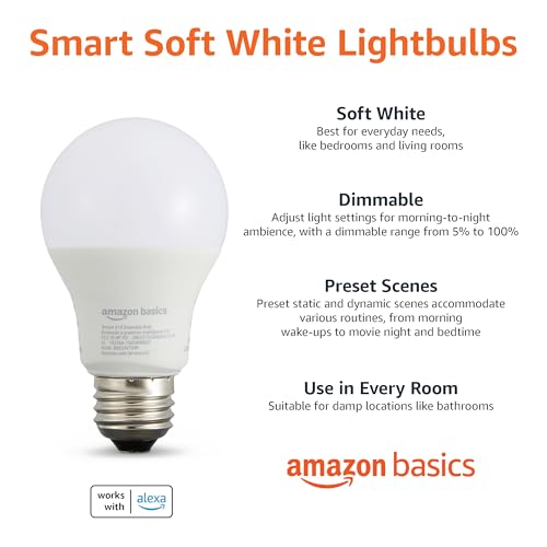 Amazon Basics Dimmable Smart A19 LED Light Bulb, 9W (|4 GHz Wi-Fi, No Hub Required)
| Amazon Basics Soft White Smart A1