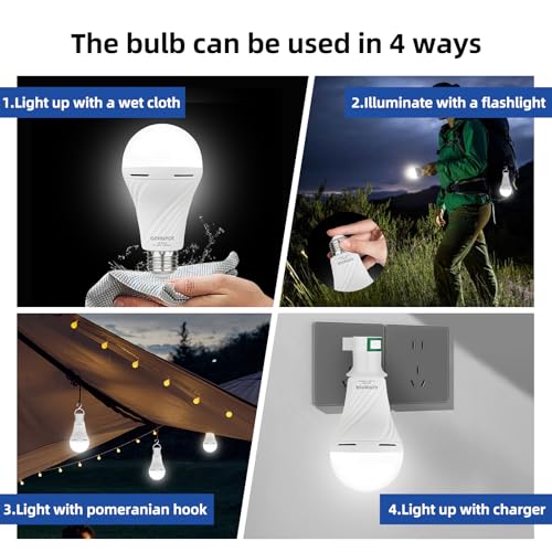 Emergency Rechargeable Light Bulbs, Self-Charging LED Light Bulb for Home and Camping, 9W E27 6500K 1500mAh 2 Pack White