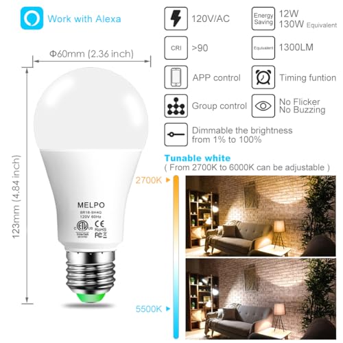 MELPO Smart Warm White to Daylight Tunable Light Bulbs for Bedroom Kitchen Office (130W Equivalent, 8 Pack)