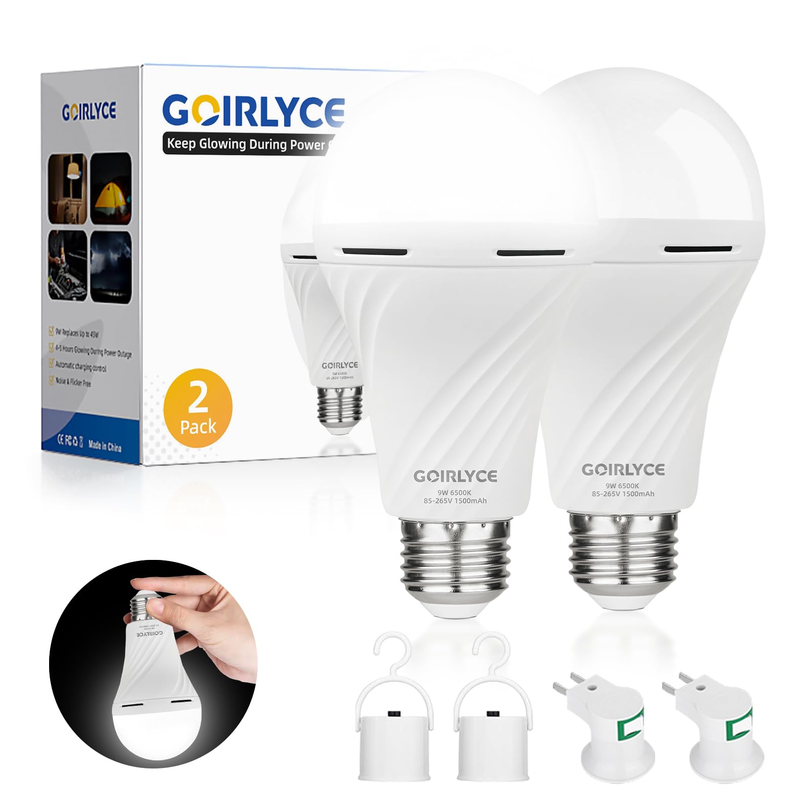 Emergency Rechargeable Light Bulbs, Self-Charging LED Light Bulb for Home and Camping, 9W E27 6500K 1500mAh 2 Pack White