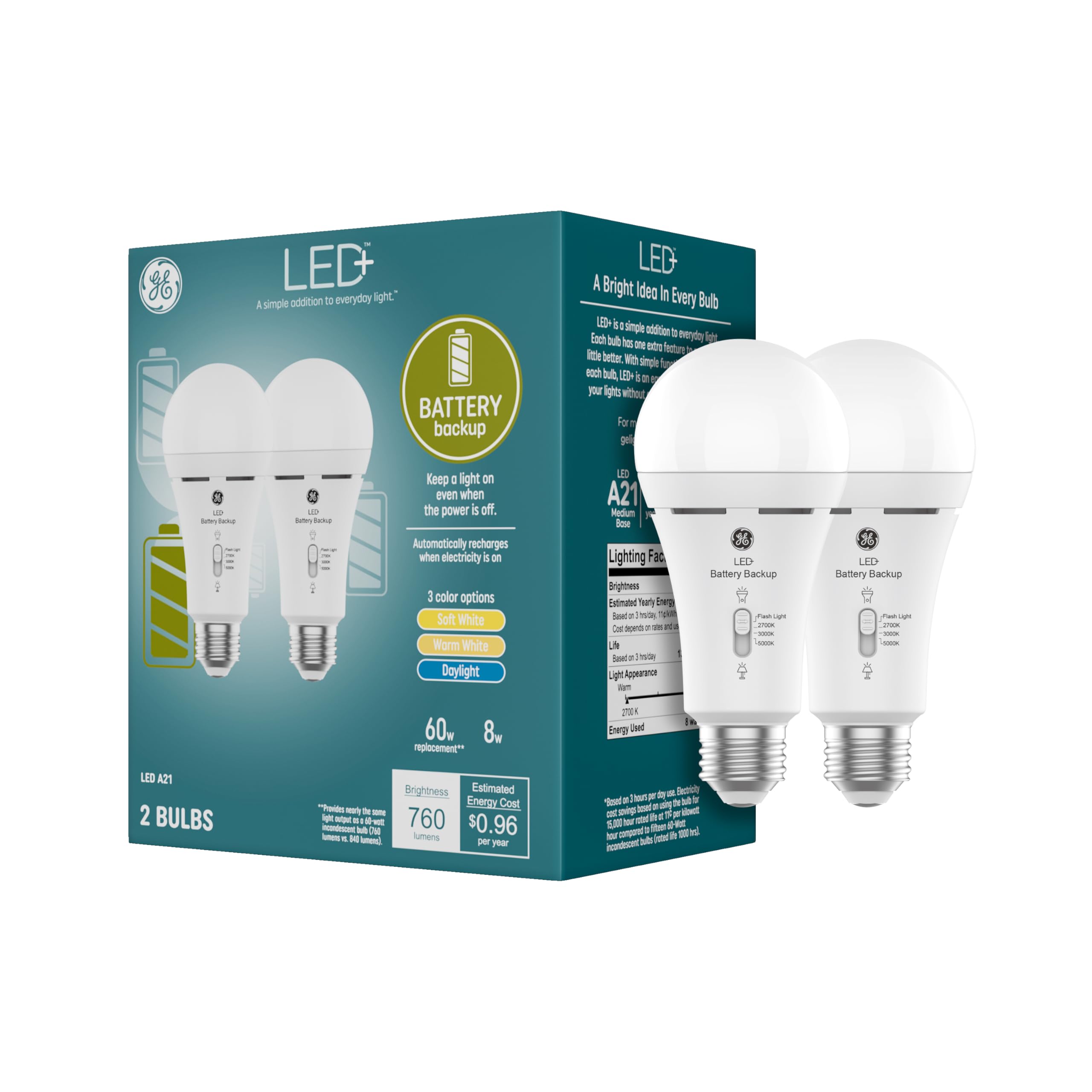 GE Backup Battery LED Light Bulbs A21 Soft White 2 Pack for Power Outages and Emergency Lighting