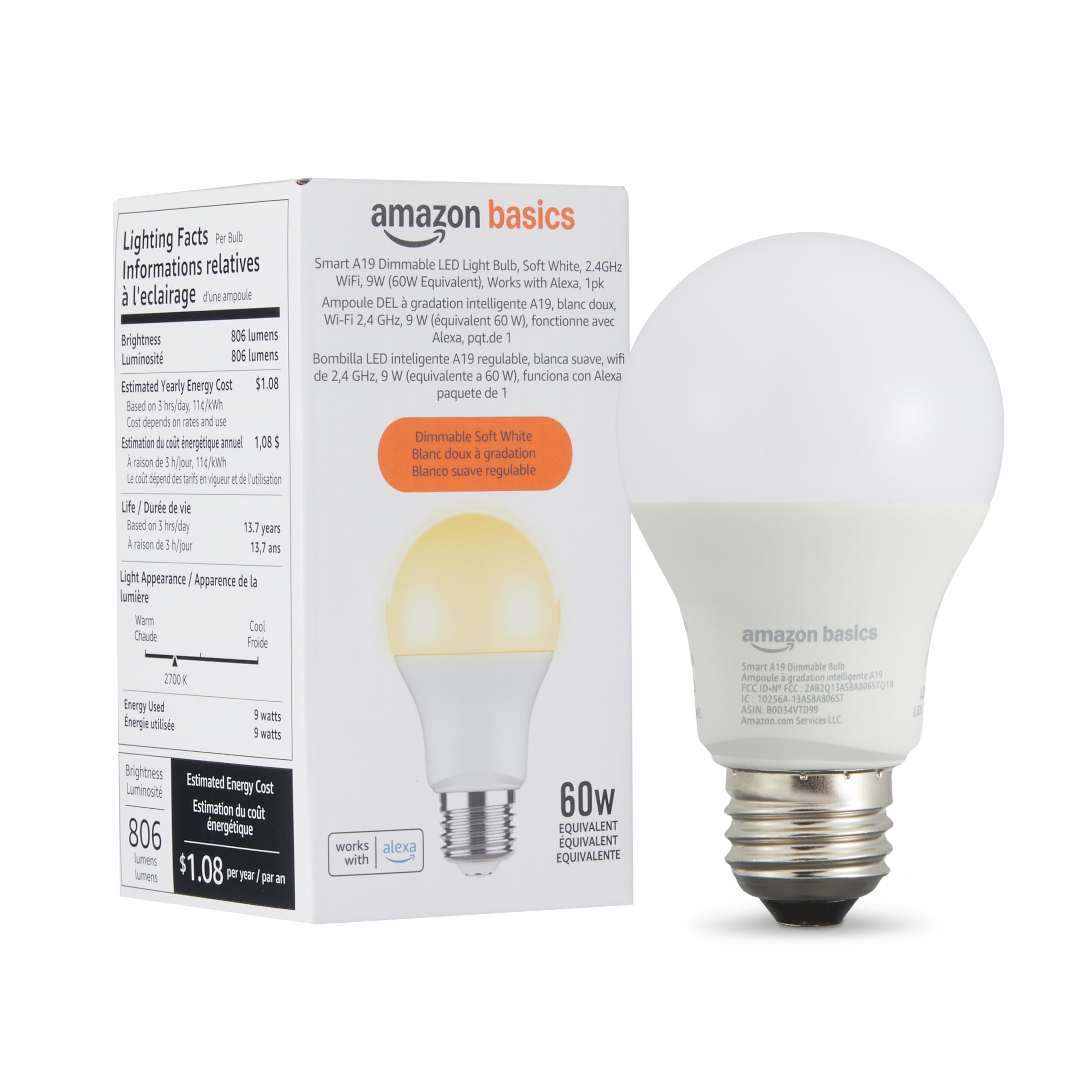 Amazon Basics Dimmable Smart A19 LED Light Bulb, 9W (|4 GHz Wi-Fi, No Hub Required)
| Amazon Basics Soft White Smart A1